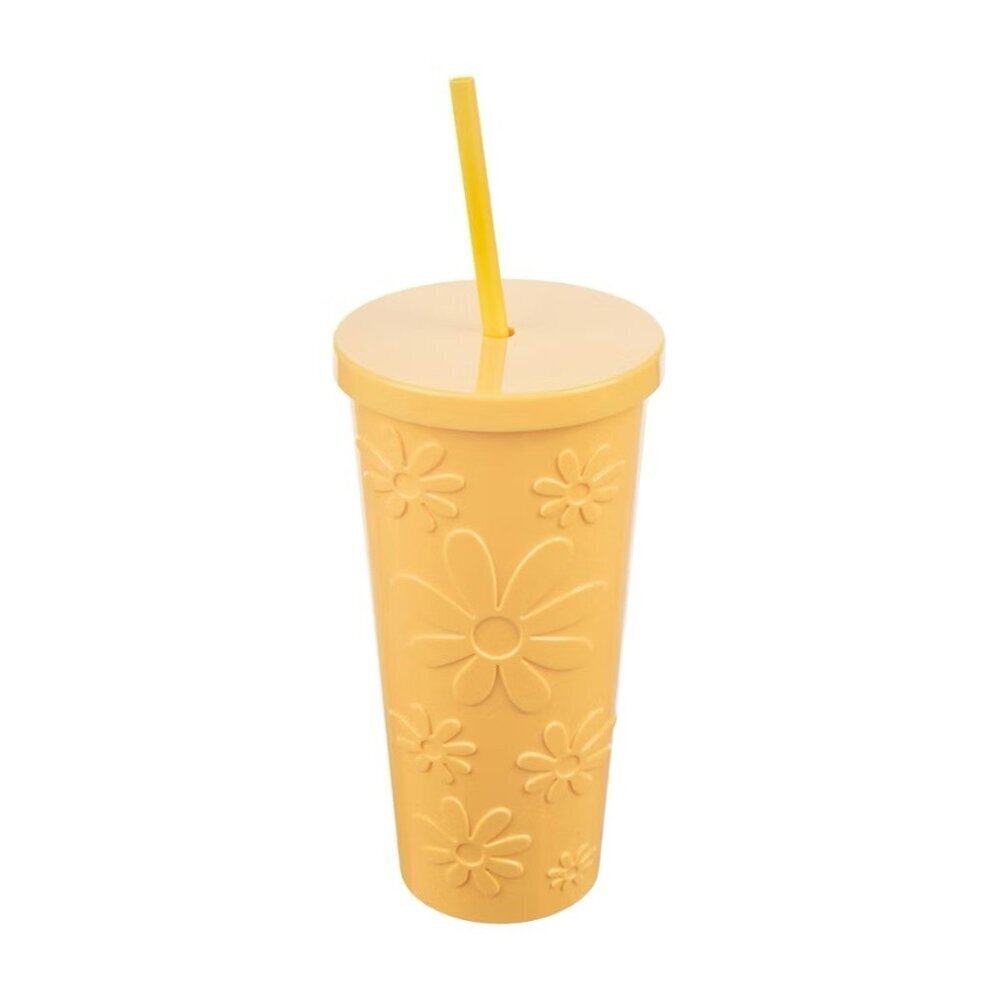 Embossed Floral Design Plastic Tumbler with Lid and Straw. New